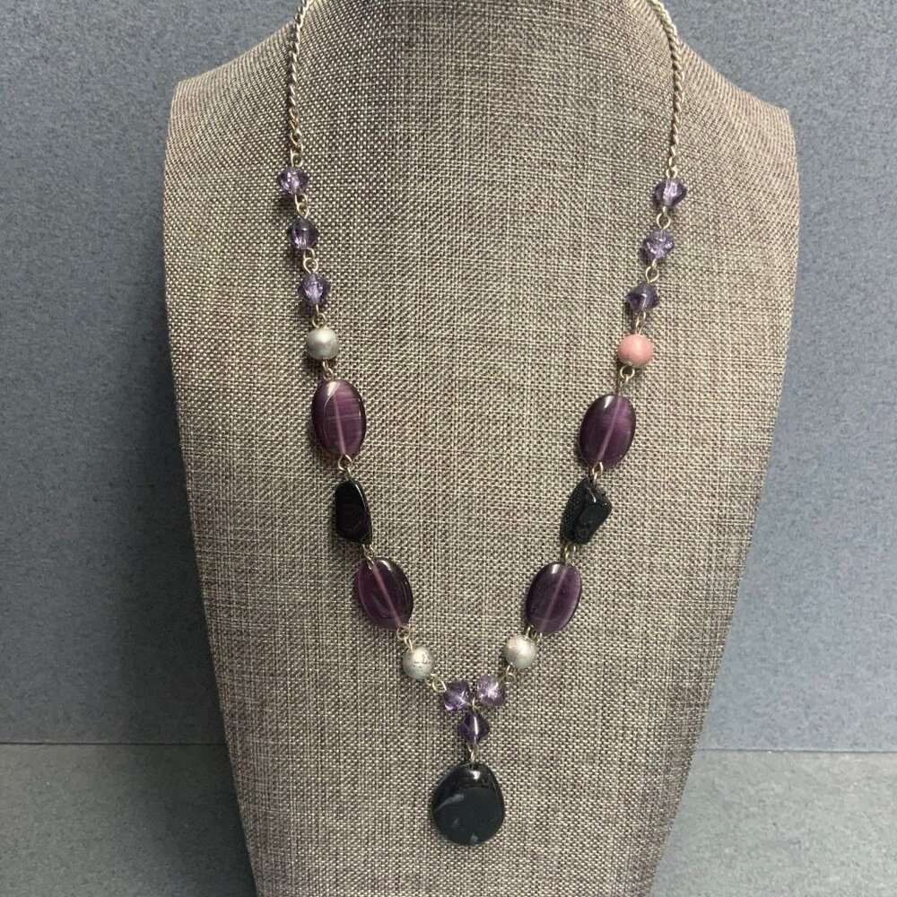 Live Beaded Y-Drop Necklace 19 In Purple Black Pink Silver Chain Retro BoHo Y2K